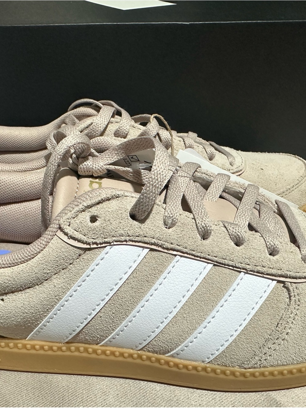 adidas Beige Suede Sneakers with White Stripes and Gum Sole
